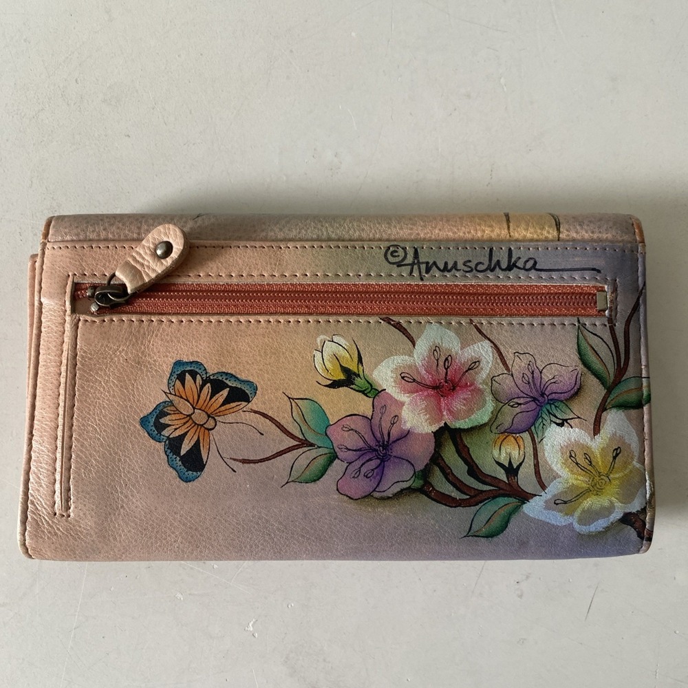 Anuschka Hand Painted Leather Wallet Garden Nature Butterfly Floral Snap Closure - Picture 7 of 16